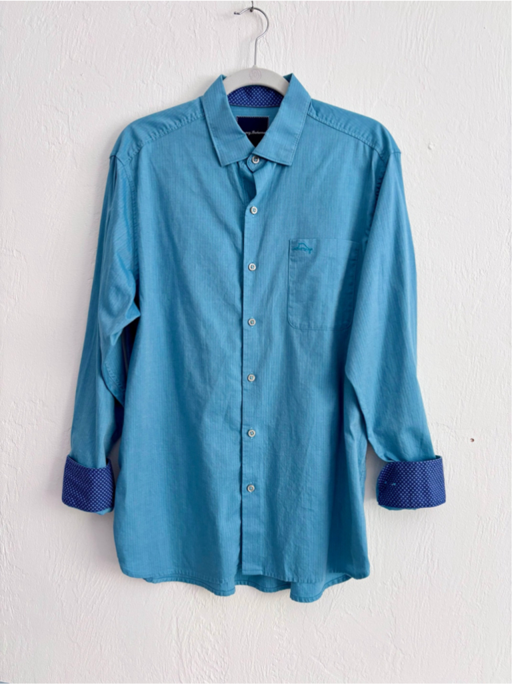 Men's Tommy Bahama Casual Button Down Shirt M Cotton Turquoise Blue Navy accents
